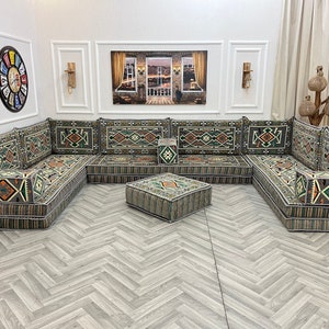 8'' Thick Anatolian U Shaped Arabic Living Room Sofa Set Lux, Floor Seating, Boho Couches ,Sectional Sofa, Arabic Majlis Sofa, Floor Cushion U Sofa + Ottoman