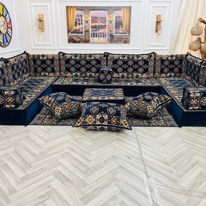 8 inch Thick Navy U-Shaped Arabic Majlis Sofa Set: Floor Seating, Cushions & Kilim Rug