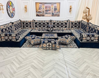 8&#39;&#39; Single Thick U Shaped Navy Modular Arabic Living Room Sofa Floor Seating Set ,Floor Couch, Floor Cushion, Arabic Majlis, Sectional Sofa