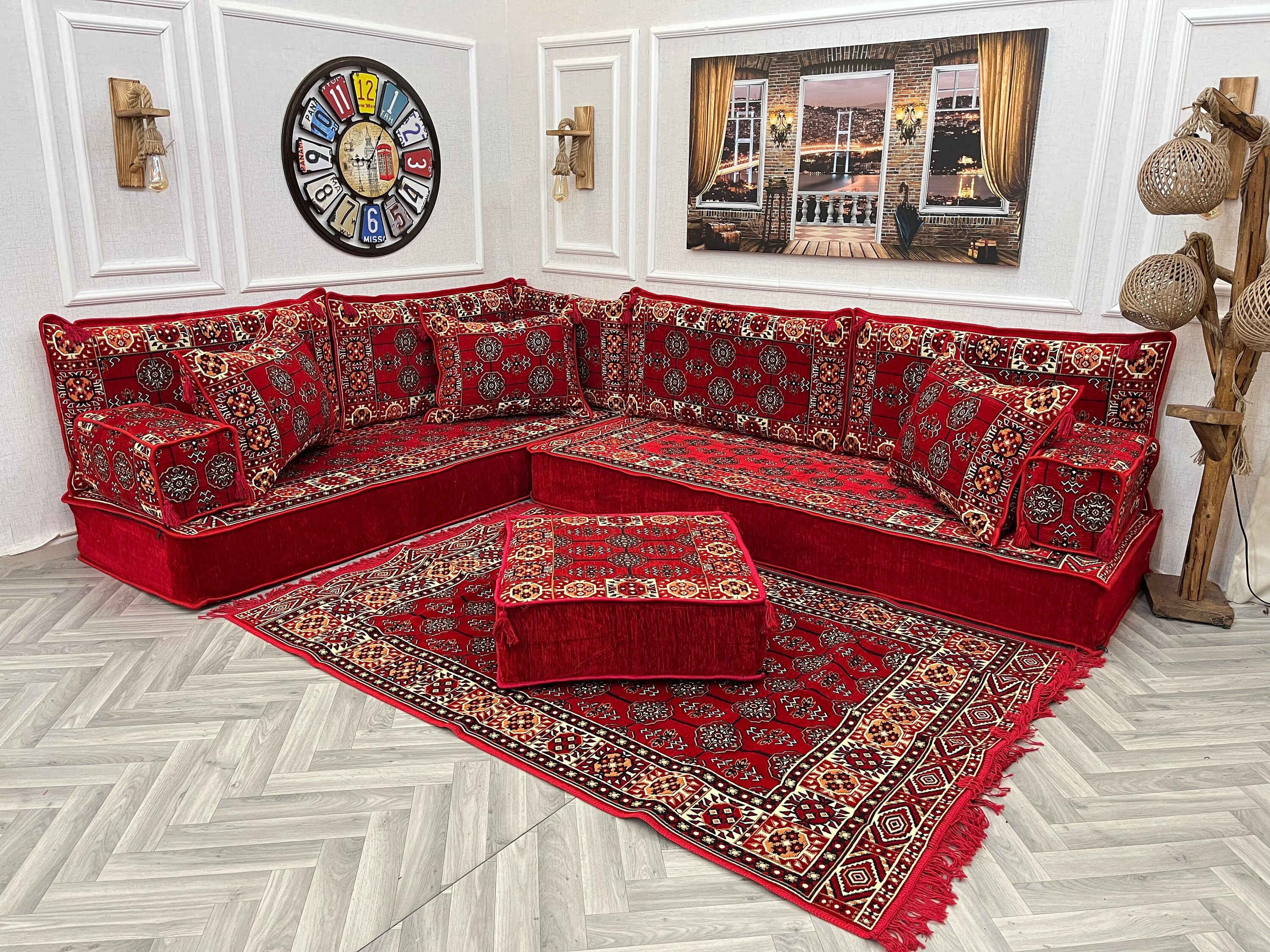 Majilis Rug Ethnic L-shaped Arabic Majlis Sofa Set: Floor Seating, Ottoman & Rug ...