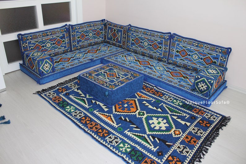 Blue L Shaped Arabic Sofa Set Corner Floor Couch Ottomans Etsy