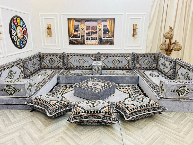 Ensemble de sièges au sol pour canapé de salon arabe modulaire en forme de U de 8 po., canapés de sol bohèmes, canapé sectionnel, canapé majlis arabe, coussin de sol image 3