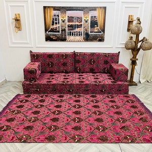 8'' Thick Functional Floor Seating Living Room Sofa Set, Turkish Tulip Pattern Floor Cushion,Unique Design Living Room Decor,Arabic Sofa Set image 5