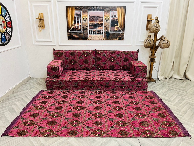 8'' Thick Functional Floor Seating Living Room Sofa Set, Turkish Tulip Pattern Floor Cushion,Unique Design Living Room Decor,Arabic Sofa Set image 5