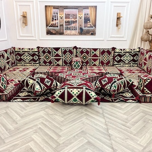Traditional Maroon U Shaped Arabic Sofa Majlis Floor Seating Set - Moroccan Style Sofa Cushions - Authentic Living Room Decor - Floor Couch