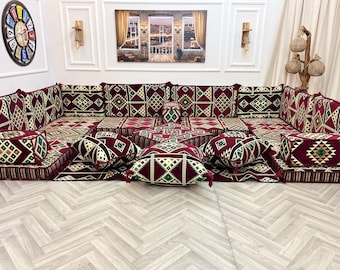 Maroon Arabic Majlis Floor Seating Set: Moroccan Sofa Cushions, Kilim Pattern Cushions