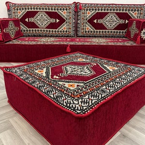 8 inch Thick Stunning Burgundy Authentic Floor Seating Sofa Set, Floor Sofa, Raised Floor Seating Set, Arabic Sofa Set, Floor Cushion Couch Sofa + Ottoman