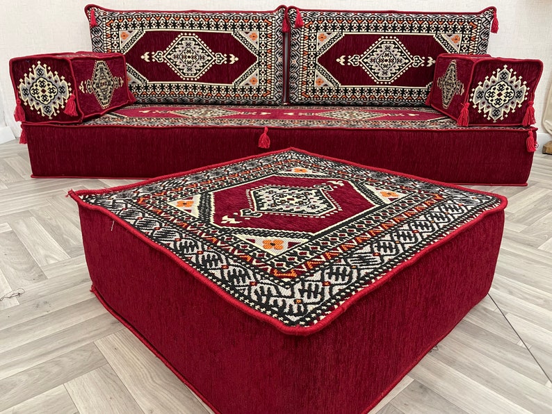 8 inch Thick Stunning Burgundy Authentic Floor Seating Sofa Set, Floor Sofa, Raised Floor Seating Set, Arabic Sofa Set, Floor Cushion Couch Sofa + Ottoman