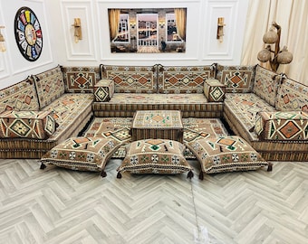 8'' dickes anatolisches Sandbeige U-förmiges arabisches Wohnzimmersofa, Bodensitzgruppe, Schnittsofa, Bodencouch, arabische Majlis, Bodenkissen