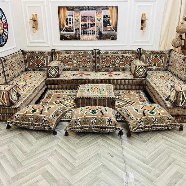 8'' Thick Anatolian Sandy Beige U Shaped Arabic Living Room Sofa Floor Seating Set, Sectional Sofa,Floor Couch, Arabic Majlis ,Floor Cushion