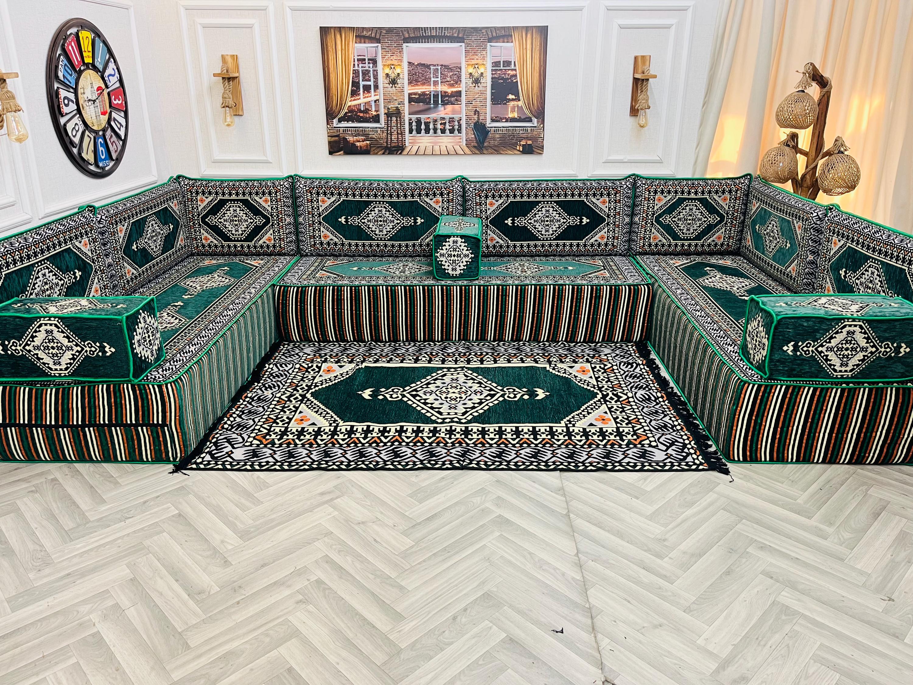 Majilis Rug 12'' Thick Emerald Green Arabic Majlis Sofa Set: U Shaped Floor Seating ...