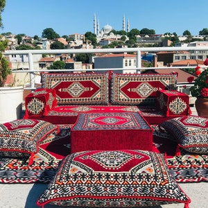 Maroon Boho Floor Cushion Seating Couch, Arabic Sofa, Sectional Sofa, Outdoor Garden Decor, Ottoman Couch, Kilim Rug, Turkish Floor Sofa Set