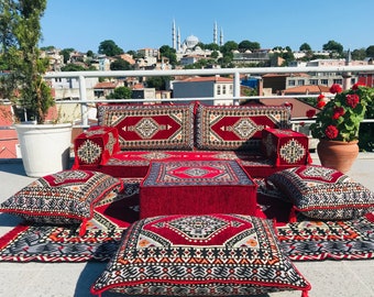 Maroon Turkish Floor Sofa Set: Boho Arabic Seating, Kilim Rug