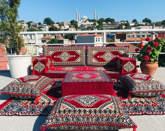 Maroon Boho Floor Cushion Seating Couch, Arabic Sofa, Sectional Sofa, Outdoor Garden Decor, Ottoman Couch, Kilim Rug, Turkish Floor Sofa Set