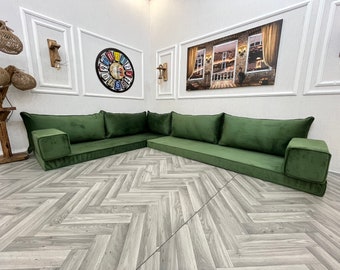 グリーン ベルベットソファのみ グリーンベルベットフロアソファ：L字型モダンリビングルームソファ
