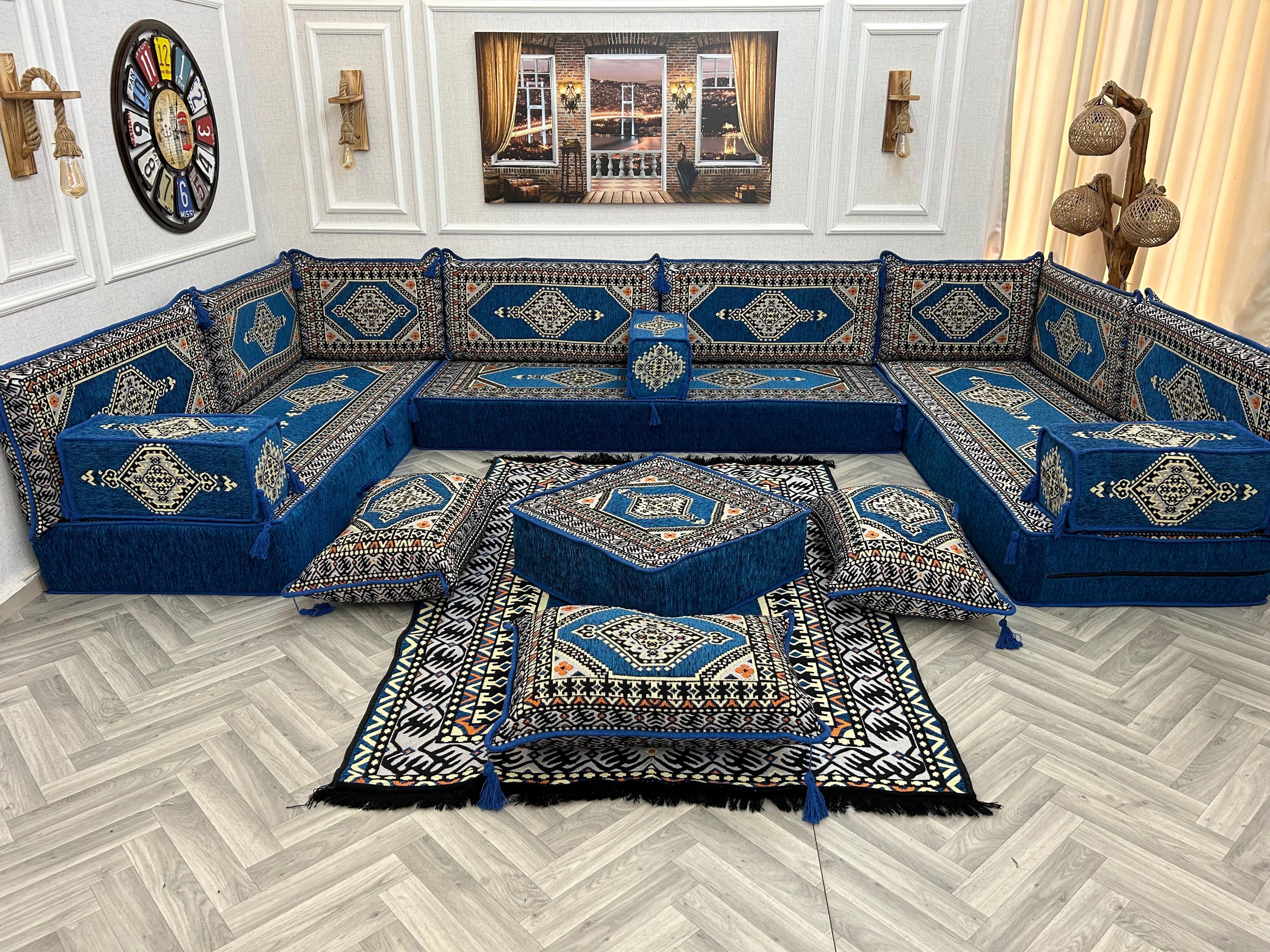 Maroon Color Moroccan Floor Sofa Set: U Shaped Arabic Couch With Floor