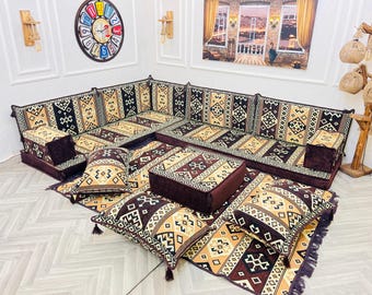Arabic Majlis Floor Sofa Set: L-Shaped Sectional with Rug, Corner Floor Cushions