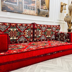 Red Arabic Floor Sofa: Boho Living Room Couch, 8-inch Thick