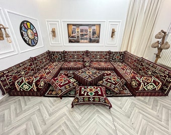 U Shaped Sectional Arabic Sofa Floor Seating Couch, Boho Living Room Floor Sofas, Arabic Majlis, Turkish Floor Sofa Set, Ottoman Couch Rug