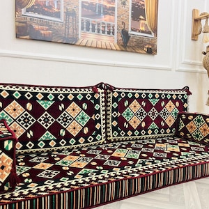 Maroon Authentic Arabic Floor Seating Set: Indoor Outdoor Sofa Cushions, Backrest Pillows