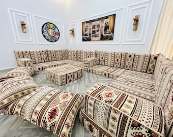 U Shaped Arabic Sofa Floor Seating Set, Boho Living Room Decor, Floor Cushions Couch