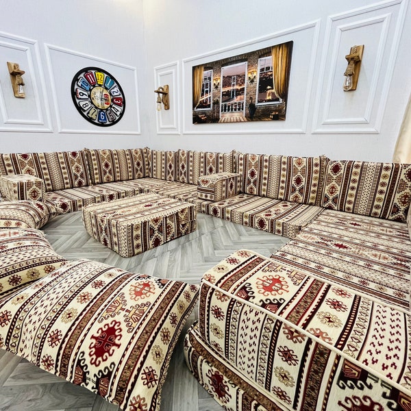 U-förmiges Arabisches Sofa-Bodensitz-Set, Boho-Wohnzimmer-Dekor, Arabisches Sofa-Set, Bodenkissen, Schnittsofa, Bodencouch, Arabisch Majlis