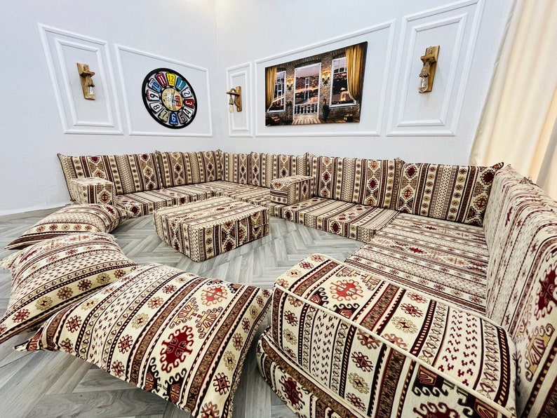 U Shaped Arabic Sofa Floor Seating Set, Boho Living Room Decor, Arabic Sofa Set, Floor Cushions, Sectional Sofa, Floor Couch, Arabic Majlis image 1