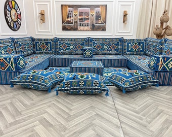 8-Zoll-Dickes Blau U-förmiges arabisches Wohnzimmer-Sofa-Boden-Sitzset, marokkanische Wohnkultur, Schnittsofa, arabisches Majlis, ethnisches Bodenkissen