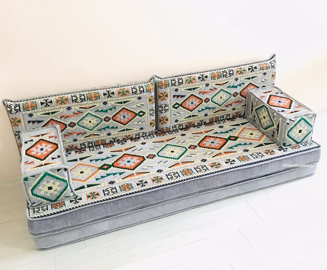 8'' Thickness Gray Arabic Sofa Floor Seating Set, Moroccan Floor Couch