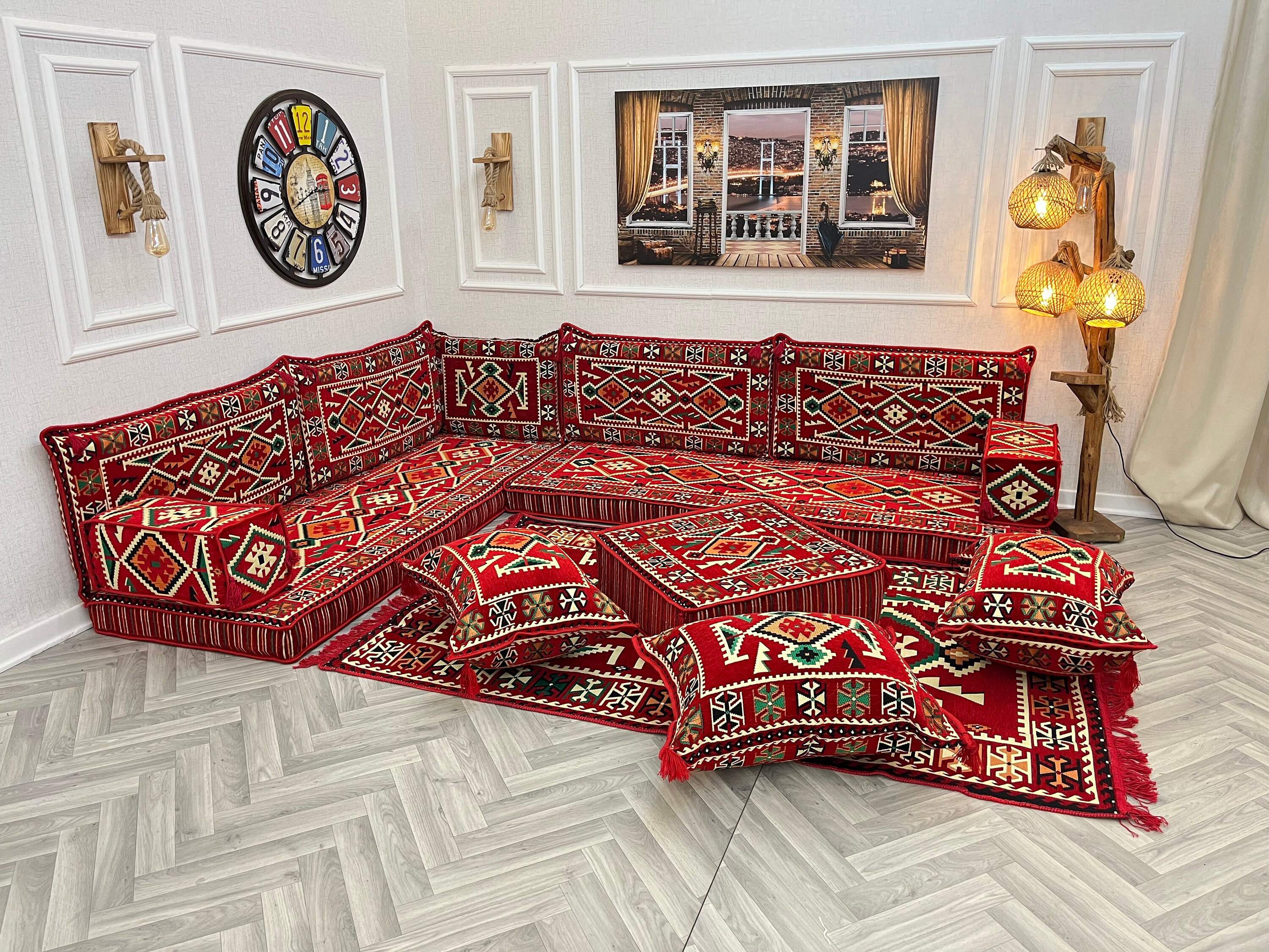 Red L-shaped Arabic Floor Sofa Set: Ottoman Couch & Rug, Moroccan