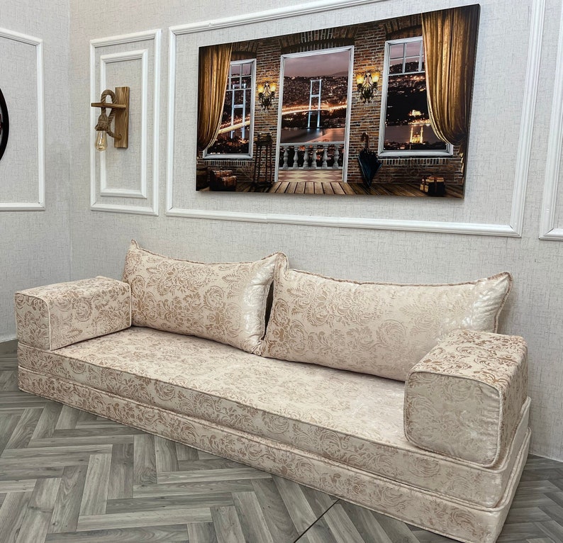 Set di posti a sedere sul pavimento del divano arabo in velluto personalizzato, divano letto da pavimento convertibile, mobili Boho, arredamento del soggiorno, cuscino da pavimento, cuscini da panca immagine 1