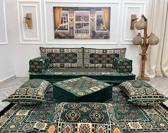 8'' Thick Diamond Green Living Room Sofa Set, Arabic Majlis Sofa, Sectional Sofa, Floor Sofas and Couches & Ottoman, Floor Cushion Couch
