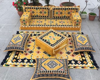 Arabic Style Majlis Floor Seating Sofa Set,Modular Seating Sofas,Bohemian Sectional Sofa with Ottoman Rug,Outdoor & Indoor Floor Seat Couch