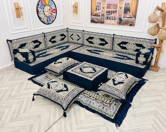 Navy Arabic Majlis Floor Sofa Modular Set: 8-inch Thick, L-Shaped Sectional Couch