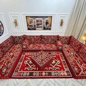 Authentic Red U Shaped Arabic Sofa Living Room Floor Seating Set, Boho Floor Couch, Arabic Majlis, Turkish Floor Sofa Set, Ottoman Couch Rug U Set+Otttoman&Rug
