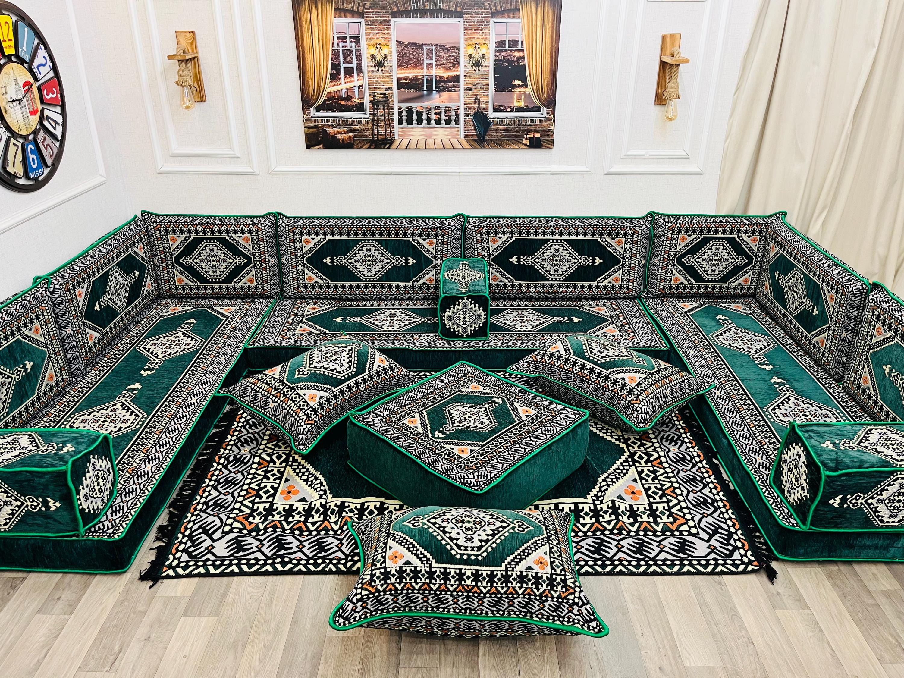 Majlis Rug Handmade Green Arabic Majlis Floor Seating Set: Ottoman Sofa Cushions ...
