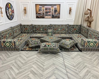 U-förmiges authentisches graues arabisches Sofa-Wohnzimmer-Bodensitz-Set, Boho-Bodencouch, arabische Majlis, türkisches Bodensofa-Set, osmanische Couch