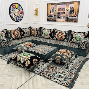 L-Shaped Arabic Majlis Floor Sofa Set: Traditional Ottoman Sofa, Seating Cushions & Rug