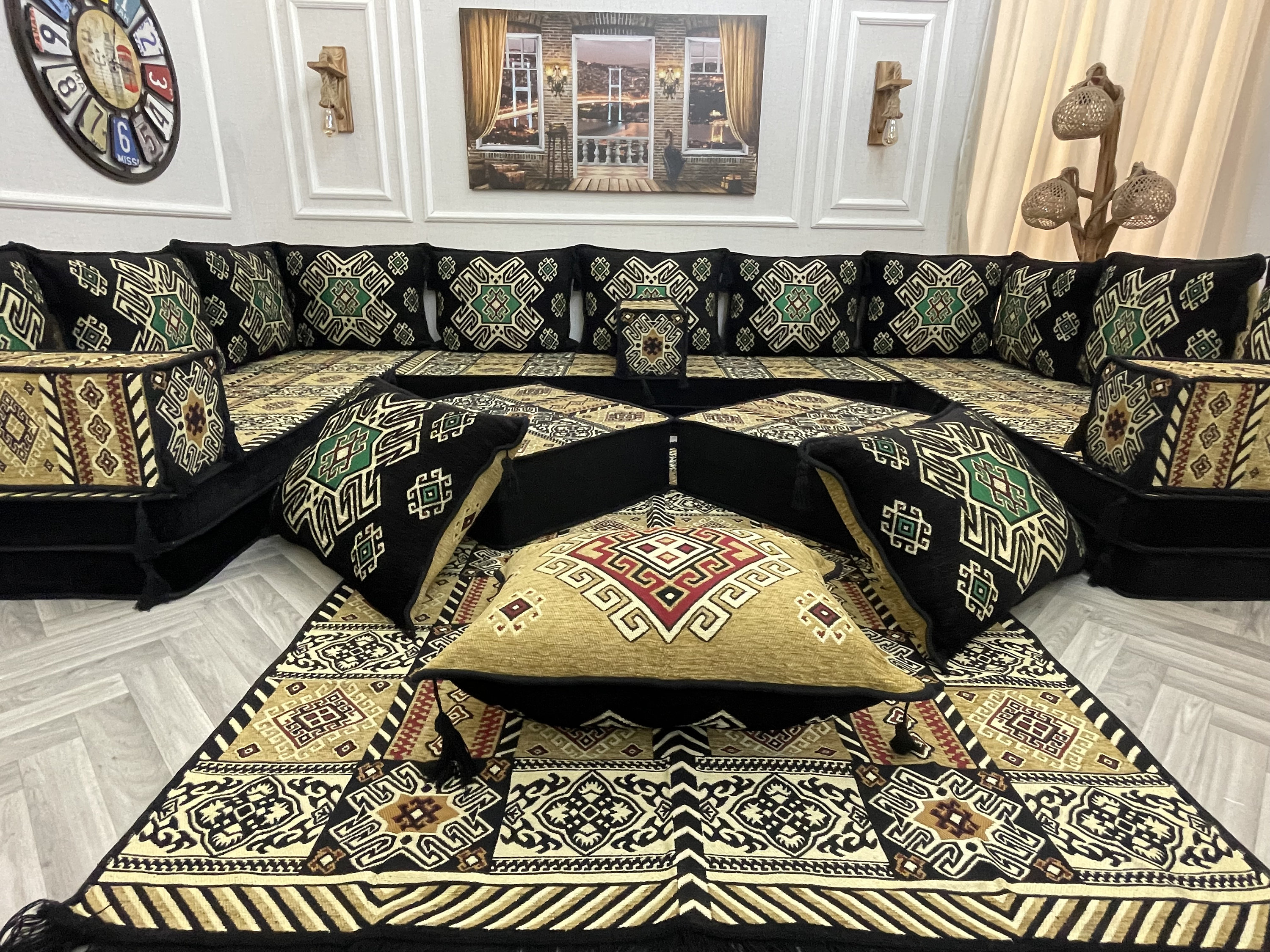 U Shaped Arabic Majlis Lounge Floor Seating Sofa Set With Ottoman