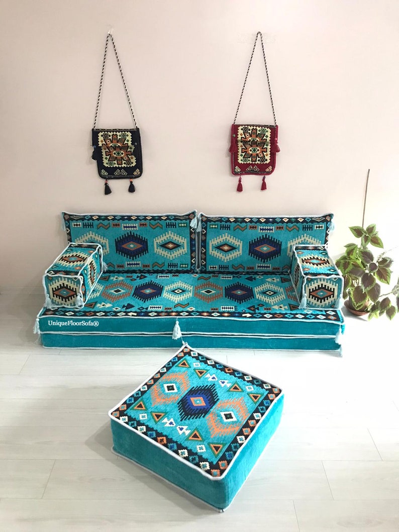 8'' THICKNESS Moroccan Living Room Floor Seating Sofa Set, Arabic Majlis, Sectional Sofa with Ottoman Pouf, Floor Sofas and Couches &Ottoman Sofa + Ottoman Pouf
