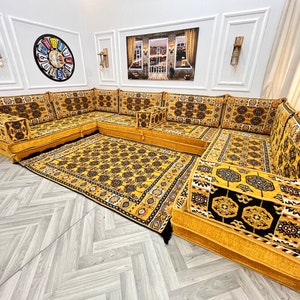 Canapé de salon en forme de U de 8'' d'épaisseur, ensemble de sièges au sol, canapés de sol Boho, Majlis arabe, ensemble de canapés de sol authentiques jaune moutarde U Sofa + Rug