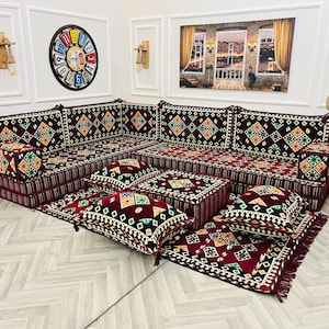 8 inch Thick Maroon L Shaped Living Room Sofa Set, Arabic Floor Seating Set, Ottoman Couch & Rug , Turkish Floor Sofa, Floor Cushion Couch