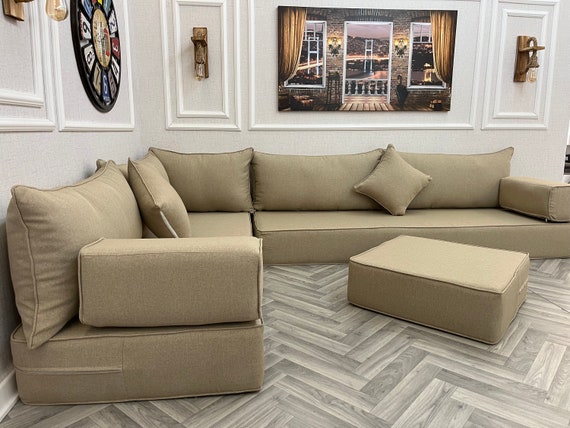 L Shaped Boho Living Room Beige Floor Sofa Set Corner Seating Couch Custom Made Linen Fabric Sofa Cover Sectional Sofa Couch 8 THICK Etsy