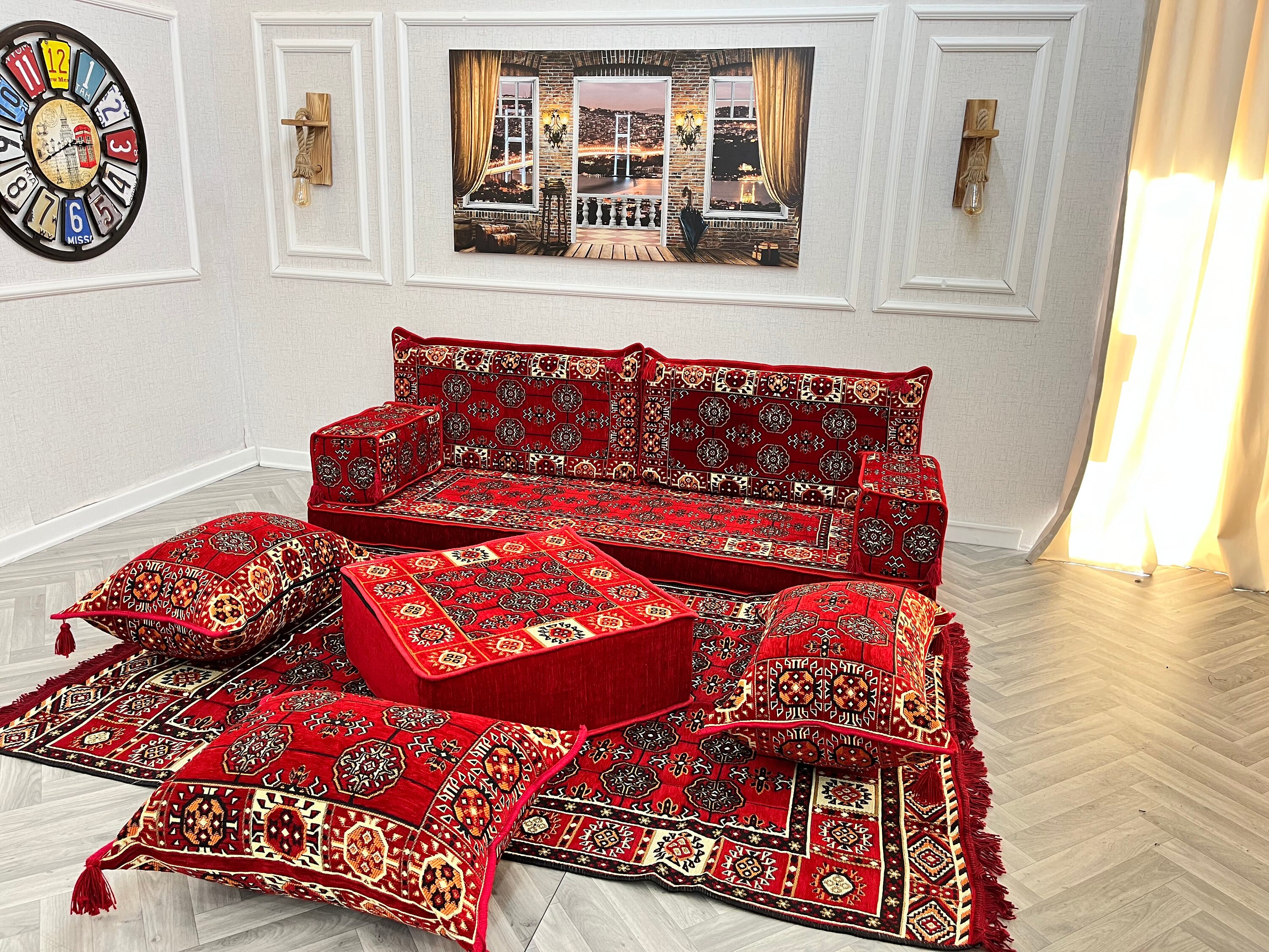 Majilis Rug 8 Inch Thick Red Ethnic Floor Seating Set: Arabic Majlis Sofa, Rug ...