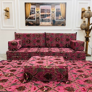 8'' Thick Functional Floor Seating Living Room Sofa Set, Turkish Tulip Pattern Floor Cushion,Unique Design Living Room Decor,Arabic Sofa Set Sofa + Ottoman&Rug