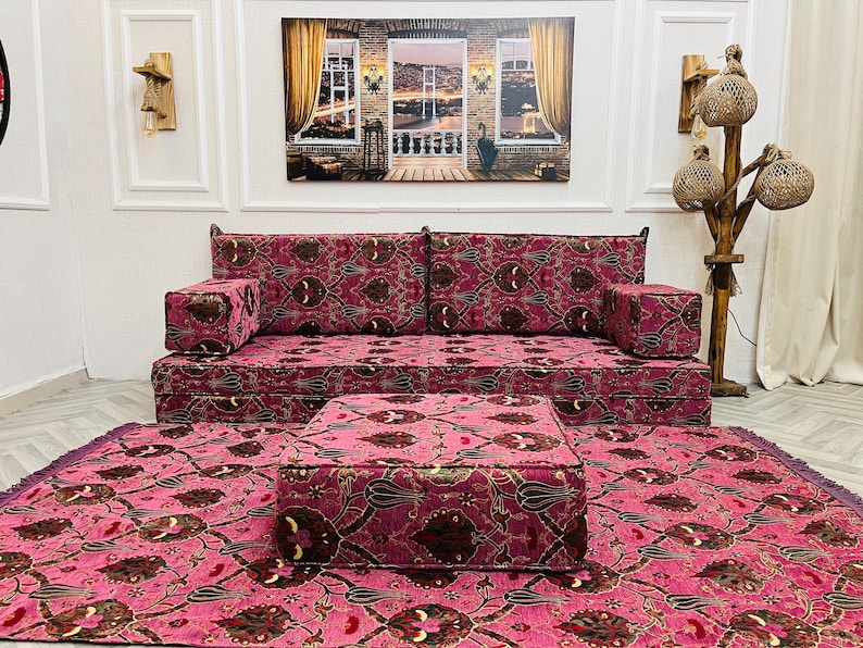 8'' Thick Functional Floor Seating Living Room Sofa Set, Turkish Tulip Pattern Floor Cushion,Unique Design Living Room Decor,Arabic Sofa Set Sofa + Ottoman&Rug