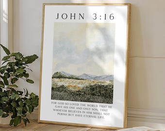 For God So Loved The World Printable | John 3:16 | Vintage Landscape Art | Eternal Life Gospel | Bible Verse Scripture Print | Wedding Gift