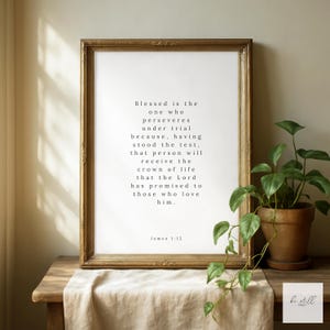 Blessed Is The One Who Perseveres Print | James 1:12 | Minimal Neutral Bible Verse Art | Scripture Gift | Christian Home Decor | Cursive