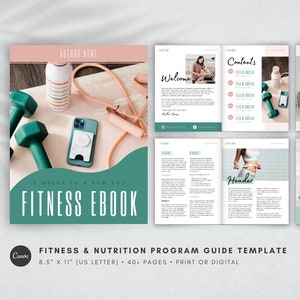 May include: A pink and green fitness ebook cover with the title "6 Weeks to a New You Fitness Ebook". The cover features a yoga mat, jump rope, dumbbells, and a smartphone.