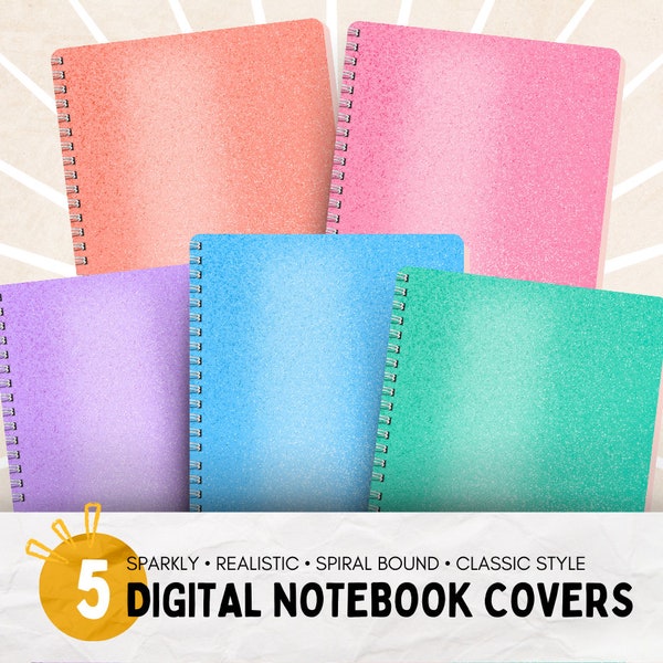 Digital Notebook Covers | Realistic Sparkly Classic Spiral-Bound Notebook Covers for Digital Planners and Notebooks | Five 8.5"x11" Covers